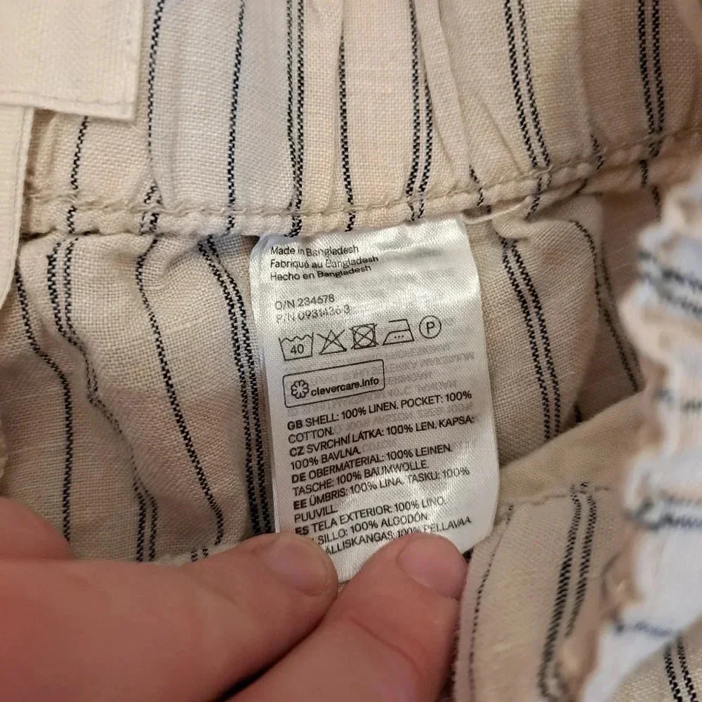 H&M Cream Black Stripes 100% Linen Coastal Lightweight Beachy Jogger Pants Sz XS